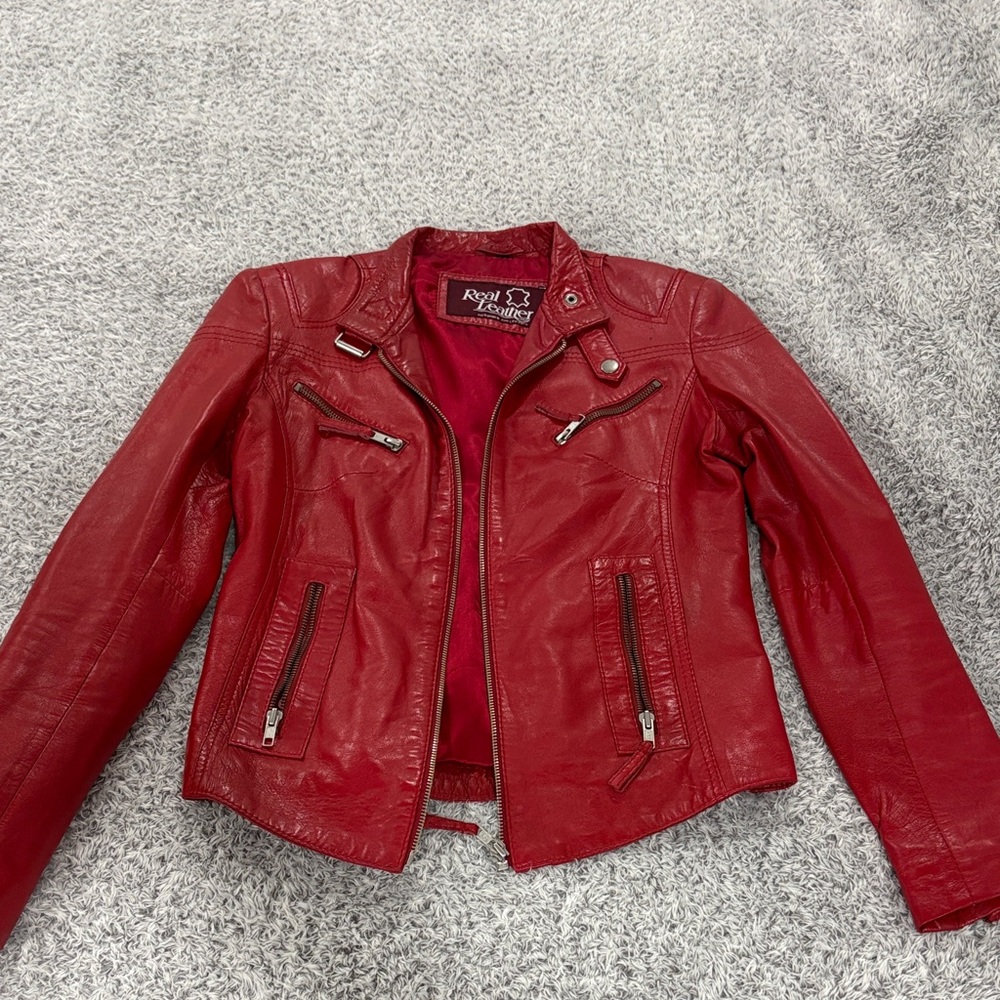 Vibrant Red Leather Jacket for Women